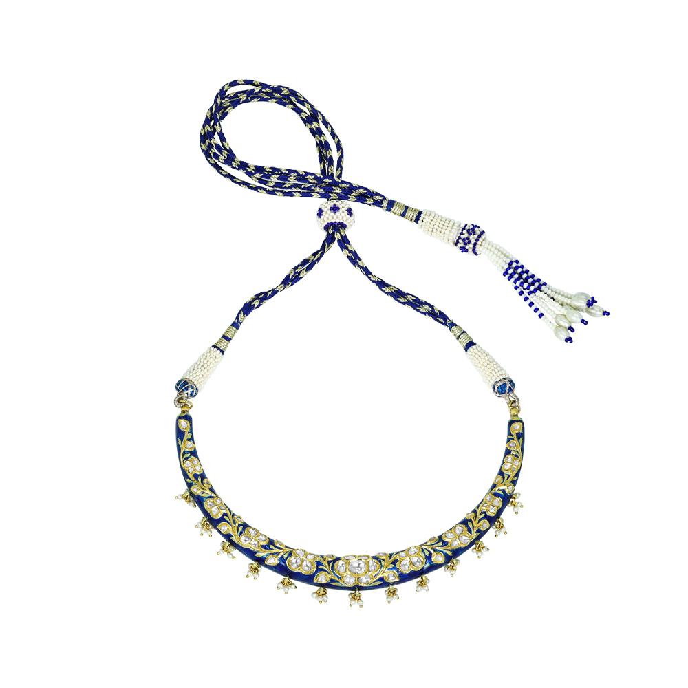 Blue Enamel Polki Hasli with Floral Design and Pearl Drops